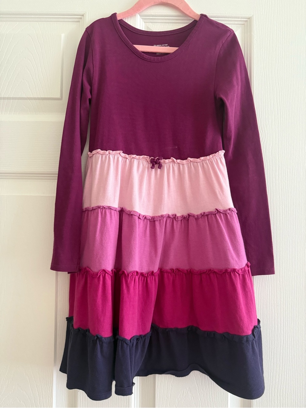 Garnet Hill Long-Sleeve Tiered Dress in Plum, Pink & Navy